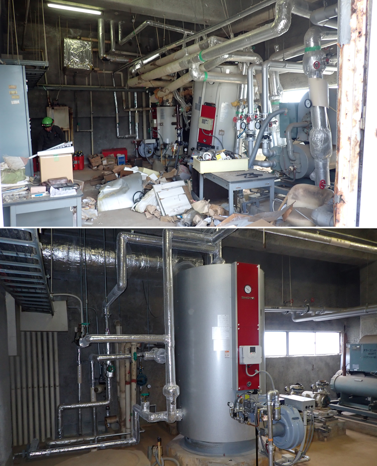 地震災害復旧 温泉旅館において倒壊したボイラー、煙道更新、受⽔槽·揚⽔ポンプの新設⼯事