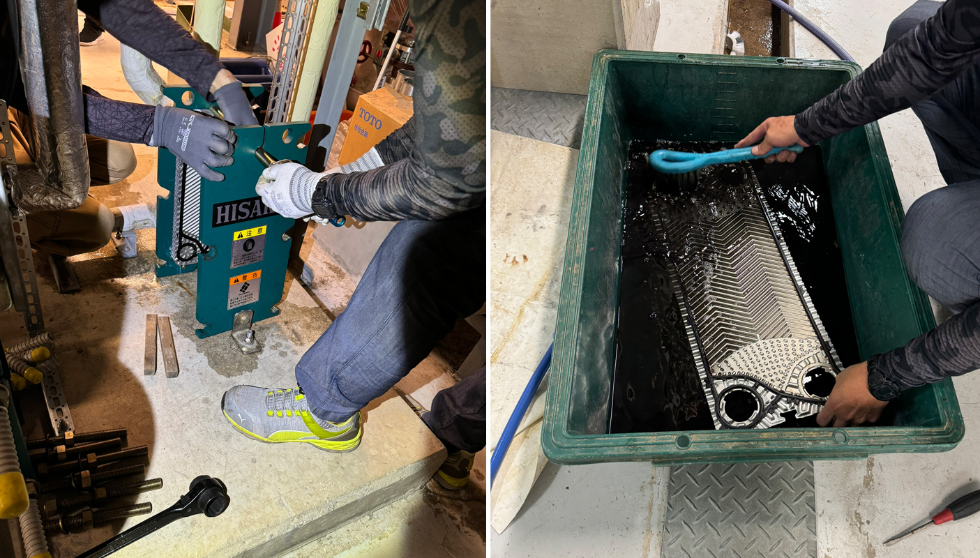 温浴施設で熱交換プレートメンテナンス