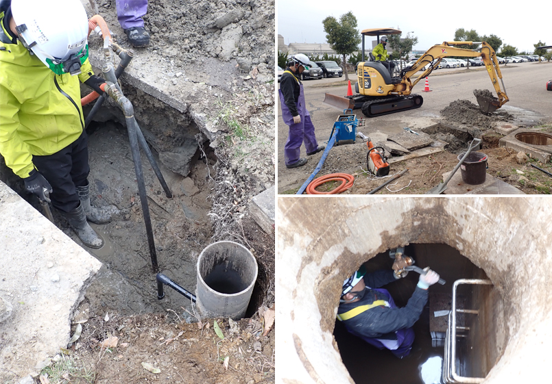 地震災害復旧 ⾷⾁⼯場において破損した各所配管修繕、弁類の取替、ステンレスタンクの漏⽔補修